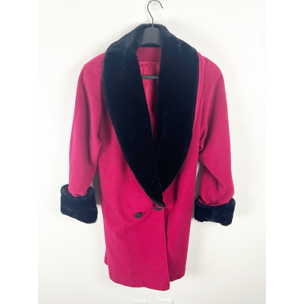 AMERICAN VINTAGE Red 100% Wool Faux Fur Trim Lined Belted Waist Coat Medium